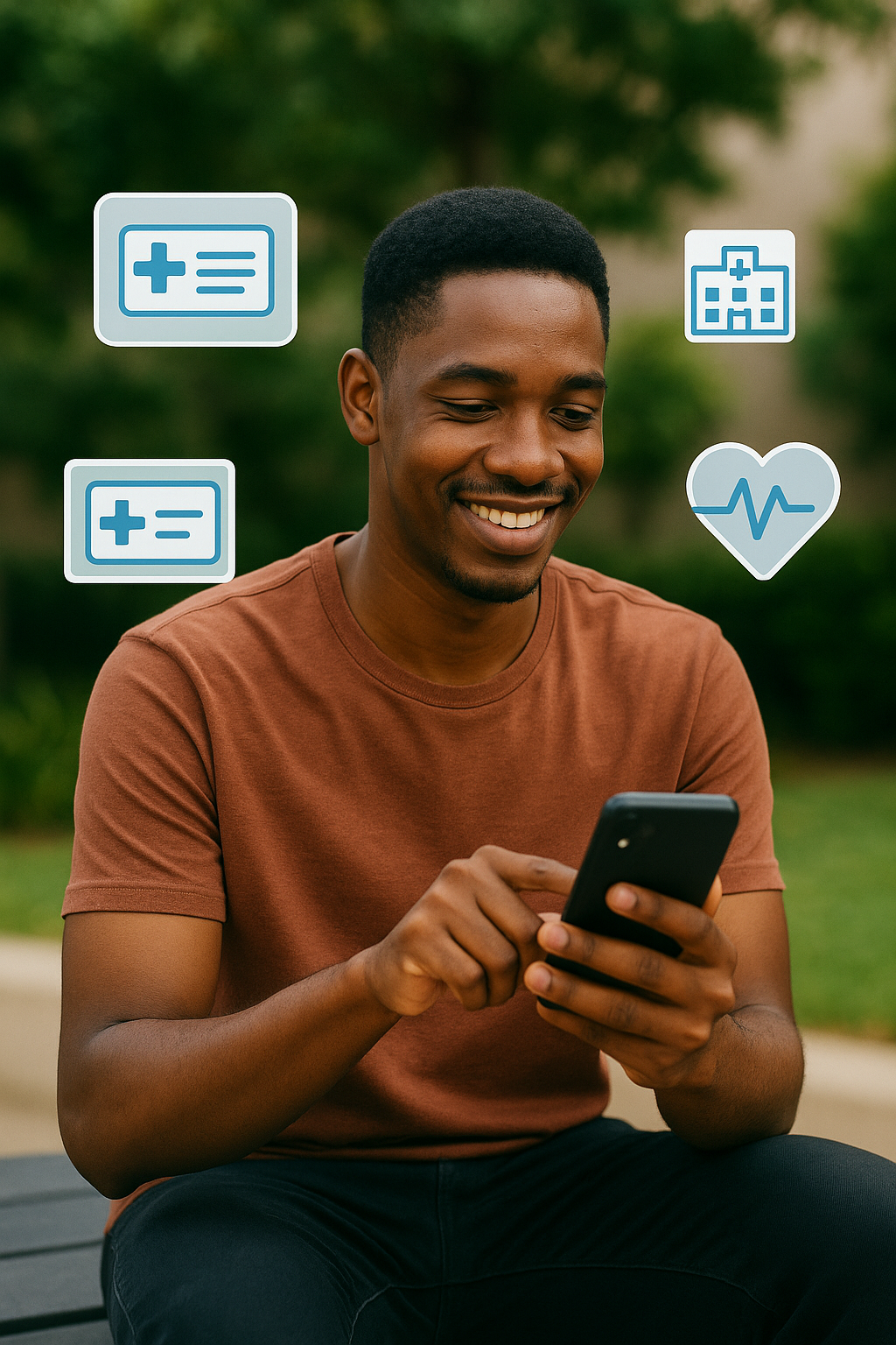 Person using medical aid app with healthcare icons